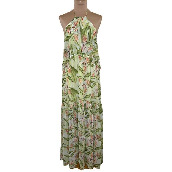 BCBGeneration Maxi Dress Large Womens Tropical Green Overlay Tiered Open Back - Picture 2 of 12